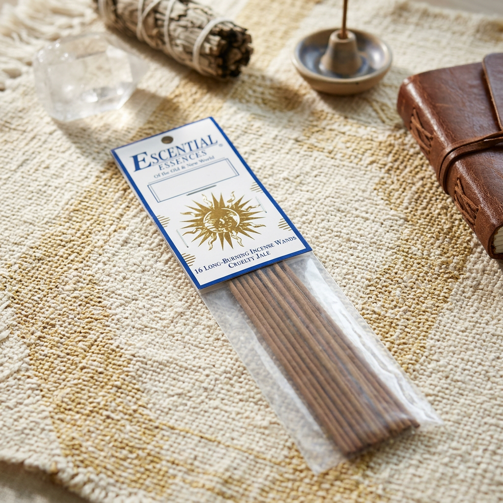 Petite set of 16 incense sticks in an elegant box on a textured altar cloth, with soft lighting emphasizing material textures and spiritual environment.