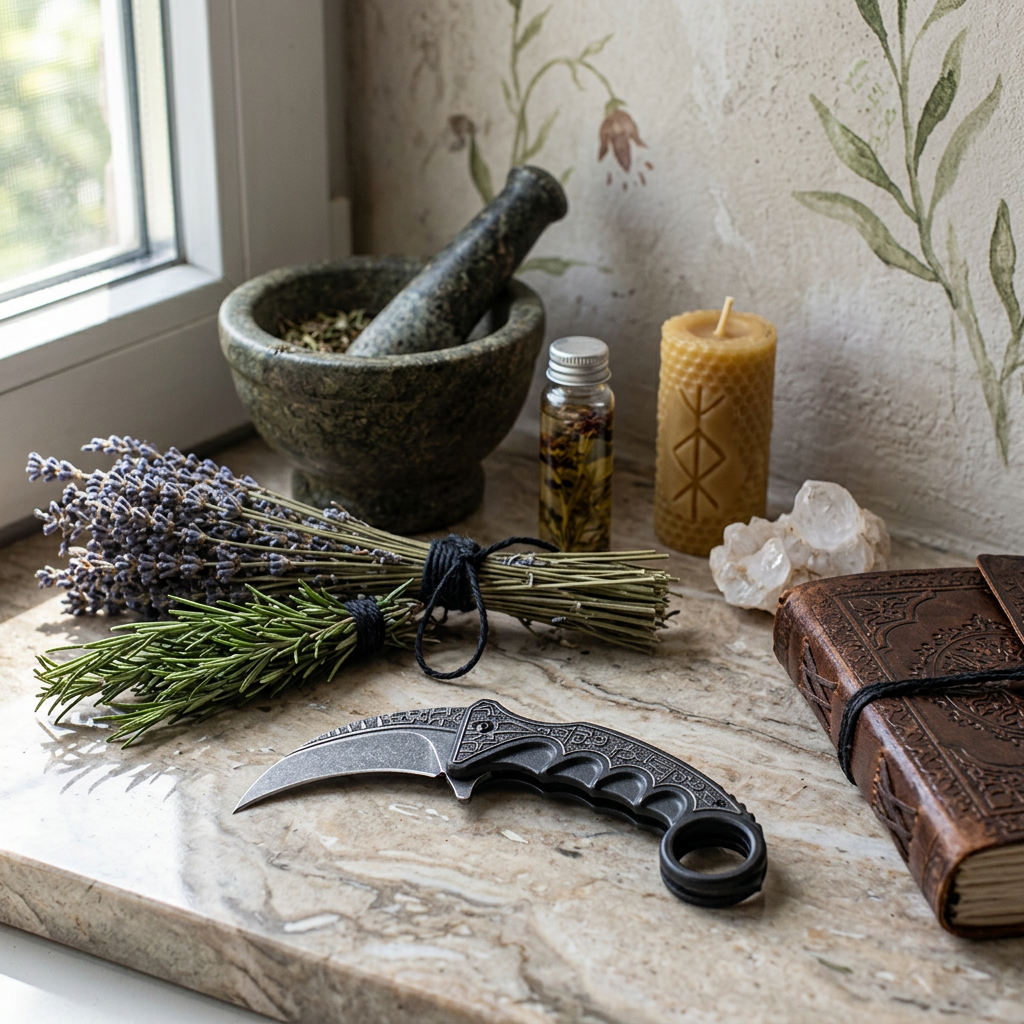 Indoor scene of fully extended black folding pruning blade on a polished stone countertop, surrounded by botanical objects and subtle warm lighting.