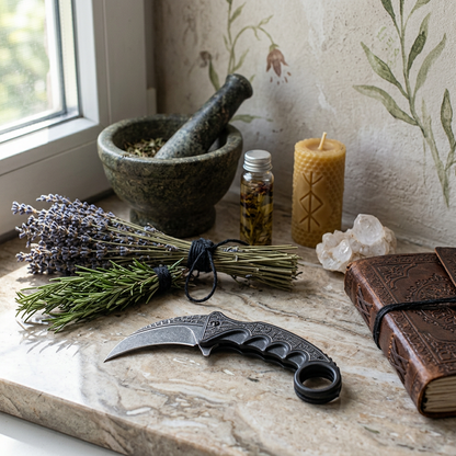 Indoor scene of fully extended black folding pruning blade on a polished stone countertop, surrounded by botanical objects and subtle warm lighting.