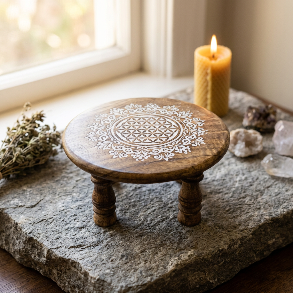 Interior scene with a small Flower of Life altar table on a textured stone surface, sharply detailed with warm ambient lighting and a blurred background.