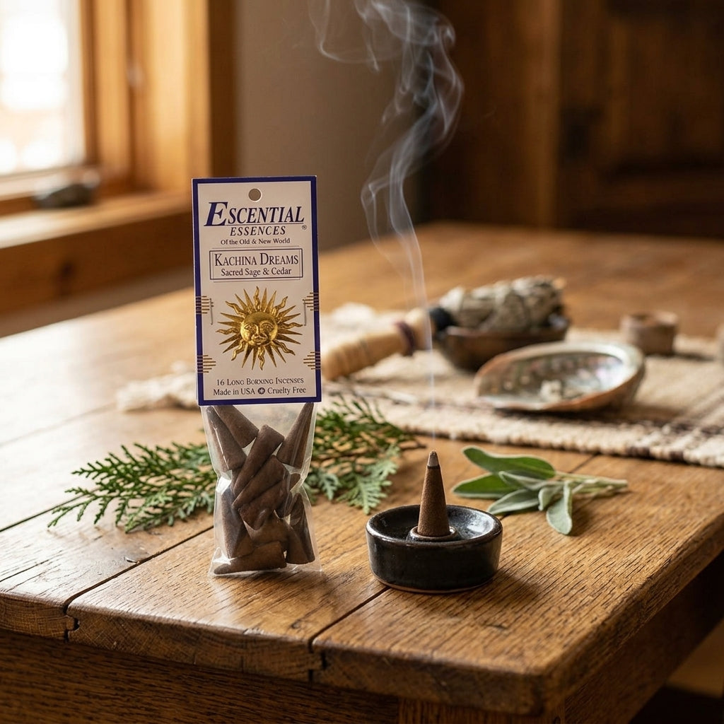 Interior scene of an incense cone on a rustic table with cedar and sage, lit warmly with natural light and sacred environment details.