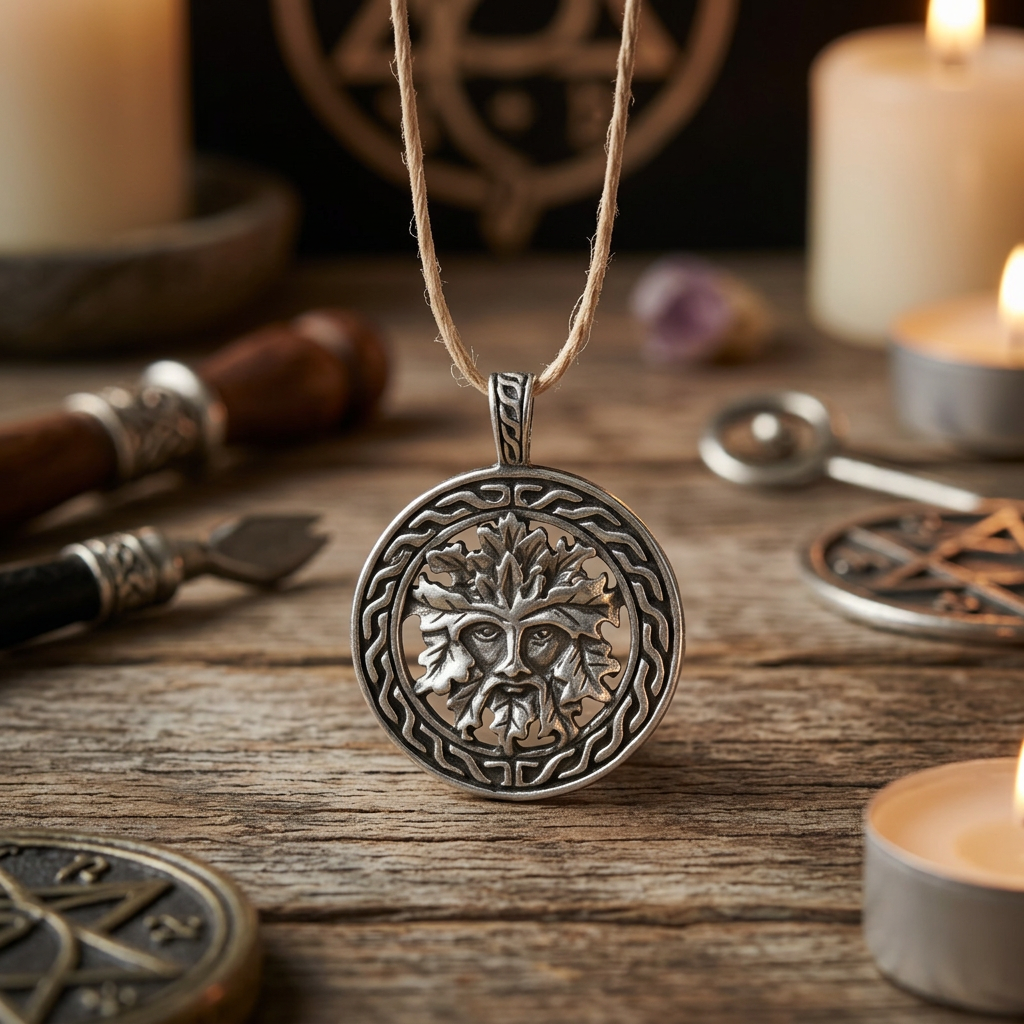 Interior scene of a sacred space with Celtic Greenman amulet hanging on a fiber cord on a wooden altar, illuminated by warm candlelight and ritual symbols.