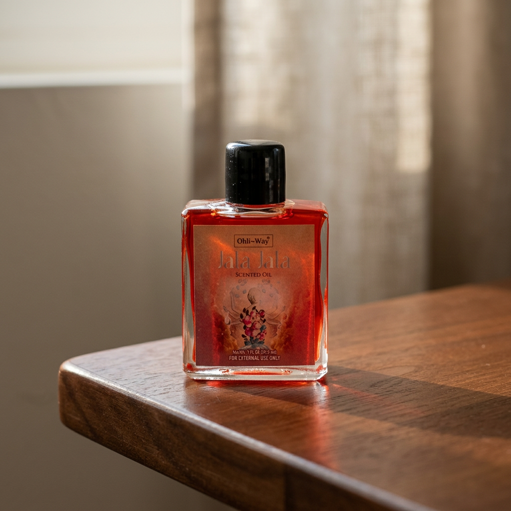 Photorealistic 1 oz Jala Jala Oil bottle on dark wooden surface, illuminated by warm natural light highlighting transparency and glass details.