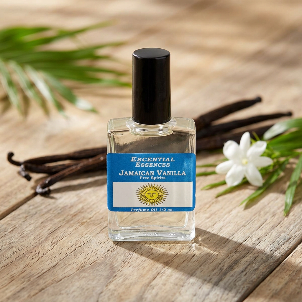 Close-up of Jamaican Vanilla Perfume Oil bottle on wooden surface with vanilla beans and tropical foliage, highlighting rich amber glass and micro-details.