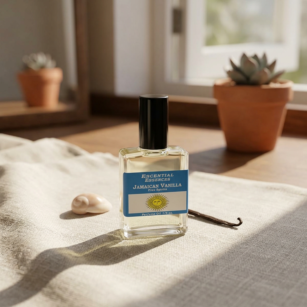 Full-body scene of Jamaican Vanilla Perfume Oil bottle on textured fabric with natural sunlight, set on a cozy vanity with tropical decor hints.