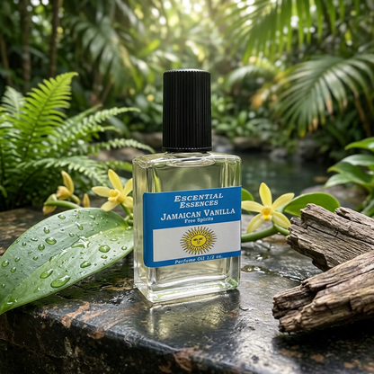 Macro shot of Jamaican Vanilla Perfume Oil bottle with blurred tropical garden and rainbows reflected in water droplet, highlighting micro-texture.