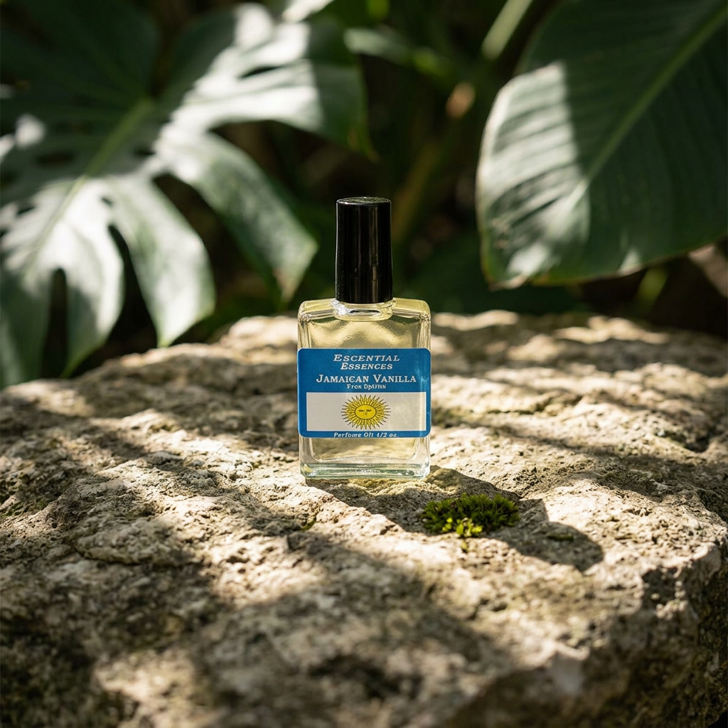 Side-angle view of Jamaican Vanilla Perfume Oil bottle on rustic stone outdoors with dappled sunlight, showcasing natural environment details.