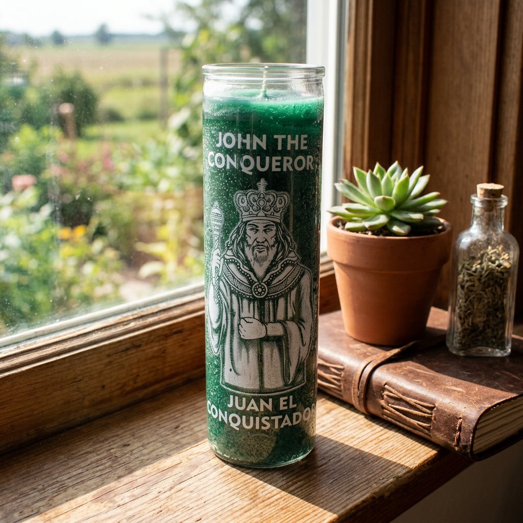 Wide-angle view of unlit John the Conqueror Green Jar Candle in a cozy outdoor setting with natural elements and earthy decor.