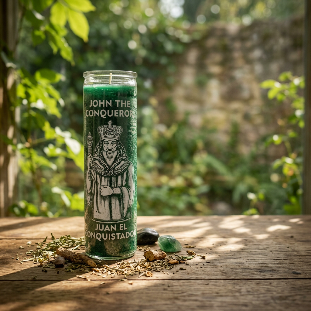 Photorealistic scene of John the Conqueror Green Jar Candle on a wooden surface, illuminated by soft sunlight, surrounded by herbs and roots.