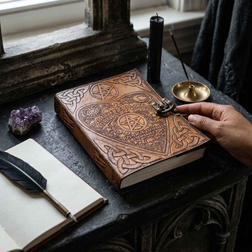 Ouija Board Planchette Leather Journal with Latch, 6" × 8"