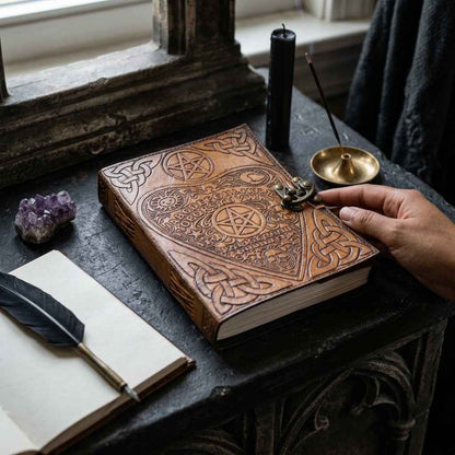 Ouija Board Planchette Leather Journal with Latch, 6" × 8"