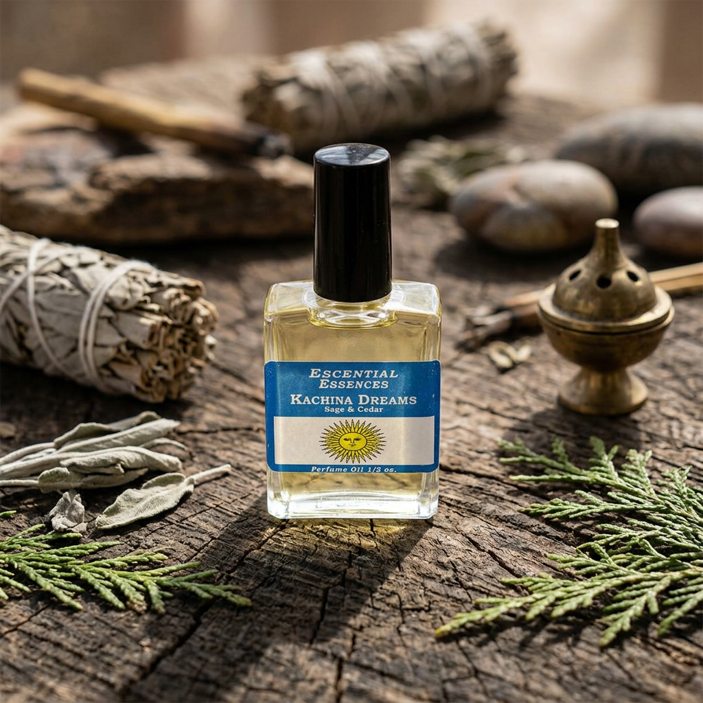 Full-body scene of Kachina Dreams Perfume Oil on a wooden altar amid sage leaves and cedar, in soft daylight emphasizing rustic, ceremonial atmosphere.