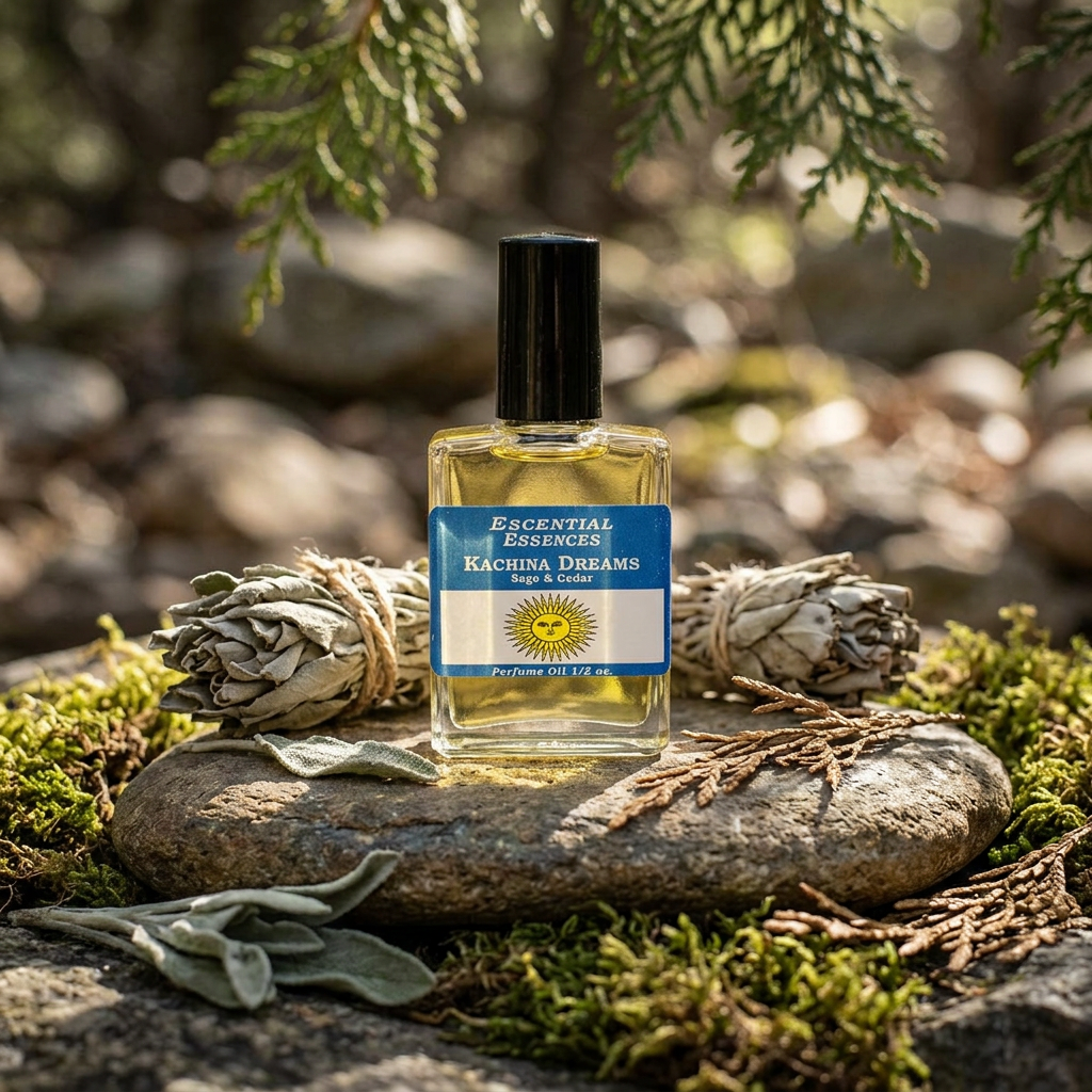 Outdoor scene featuring Kachina Dreams Perfume Oil on mossy stone with sage and cedar, illuminated by soft sunlight in a tranquil, sacred setting.