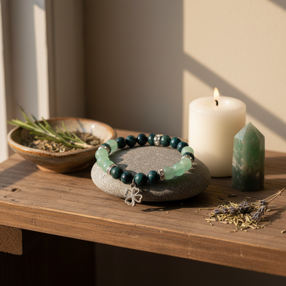 Kambaba Jasper and Green Aventurine Bracelet, 8mm, styled on altar