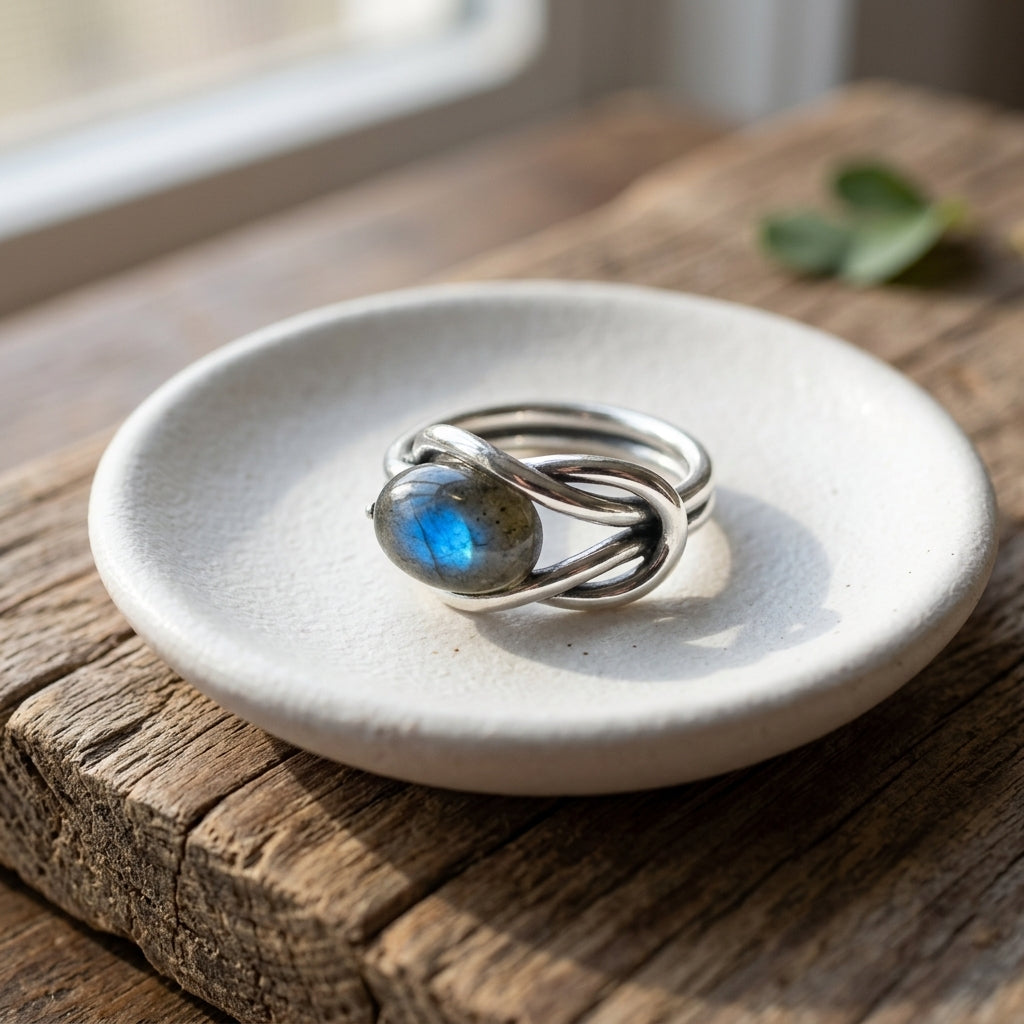 Tiny Labradorite knot ring placed on a matte white ceramic dish within a rustic setting, showcasing its captivating blue sheen and intricate design.