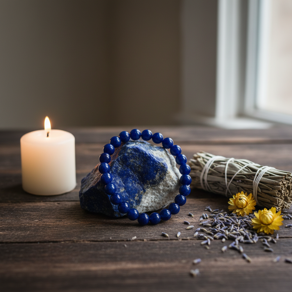 Lapis Lazuli Bracelet, 8mm Beads, styled on altar
