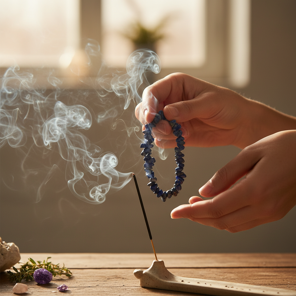 Lapis Lazuli Chip Bracelet, 3 1/8", shown in use