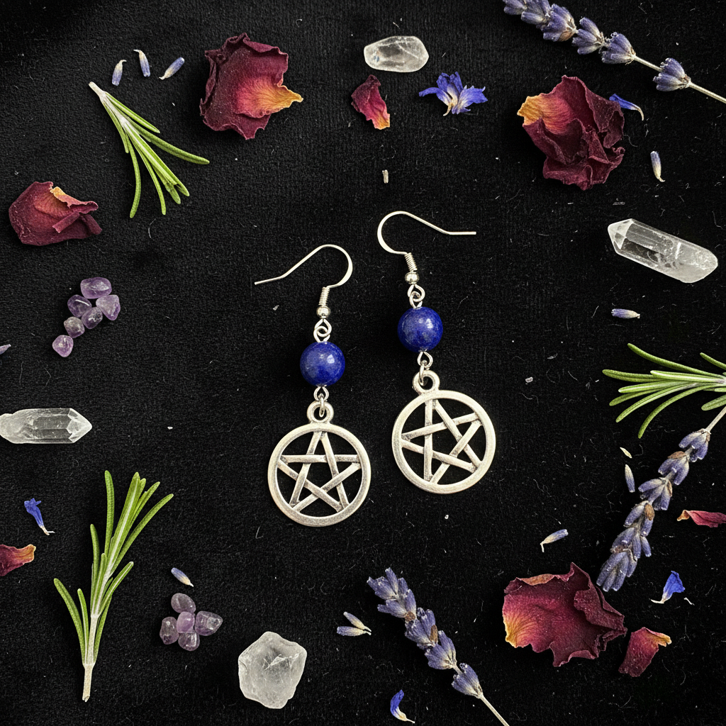 Lapis Pentagram Earrings, alternate view