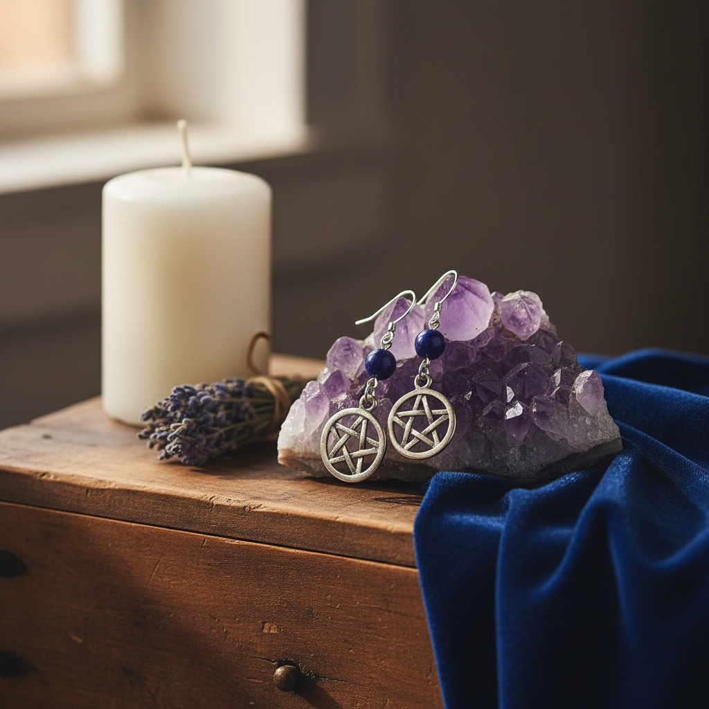 Lapis Pentagram Earrings, styled on altar