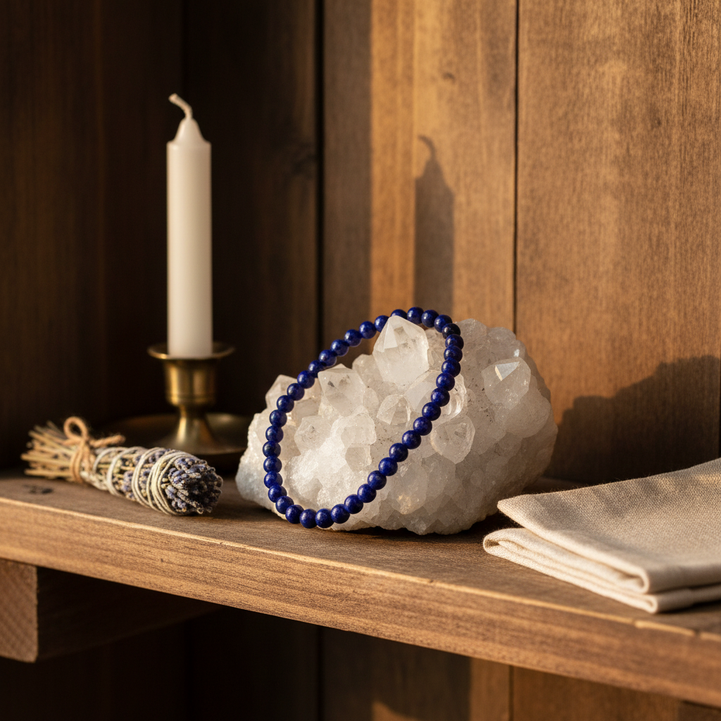 Lapis Stretch Bracelet, 4mm Beads, styled on altar