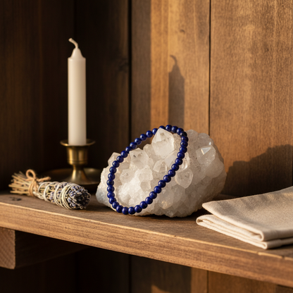 Lapis Stretch Bracelet, 4mm Beads, styled on altar