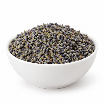 Lavender flowers in a bowl on white