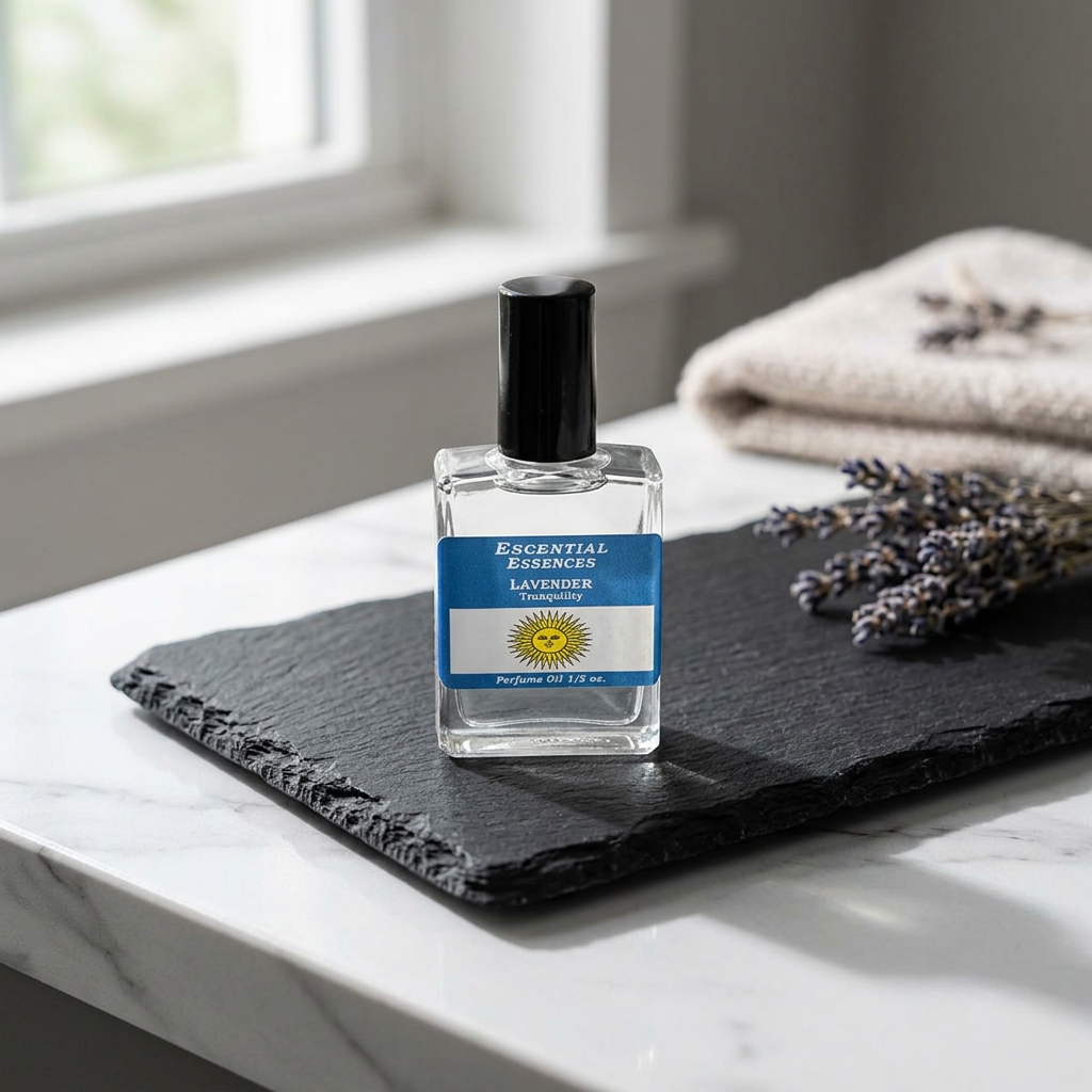 Realistic shot of lavender perfume oil bottle on black tray in a sleek bathroom setting, with sharp lighting and subtle shadows highlighting micro-details.