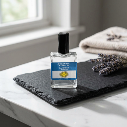 Realistic shot of lavender perfume oil bottle on black tray in a sleek bathroom setting, with sharp lighting and subtle shadows highlighting micro-details.