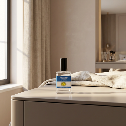 Elegant 0.5oz lavender perfume oil bottle by Escential Essences on a modern vanity with warm lighting, textured fabrics, and a luxurious ambiance.