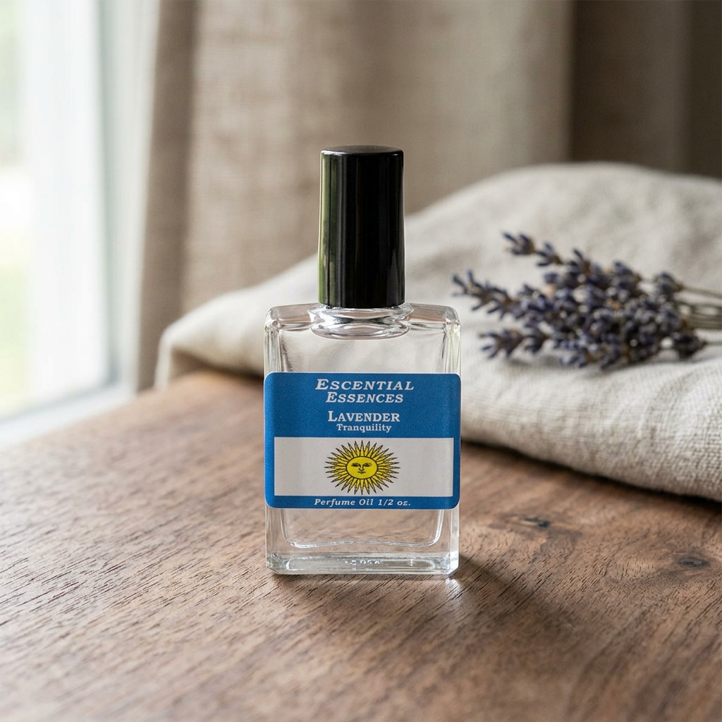 Close-up of 0.5oz lavender perfume oil bottle by Escential Essences on a natural wooden surface with soft lighting, highlighting glass texture and lavender hue.