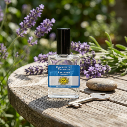 Lavender perfume oil bottle by Escential Essences standing upright in a sunlit garden with greenery and lavender sprigs, emphasizing tranquility and product detail.