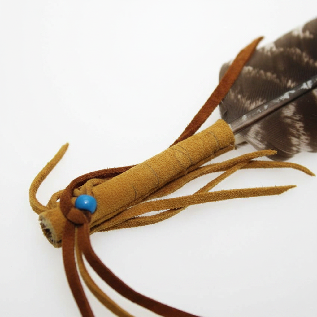 Leather Wrapped Smudging Feather, 12 Inch, detail view