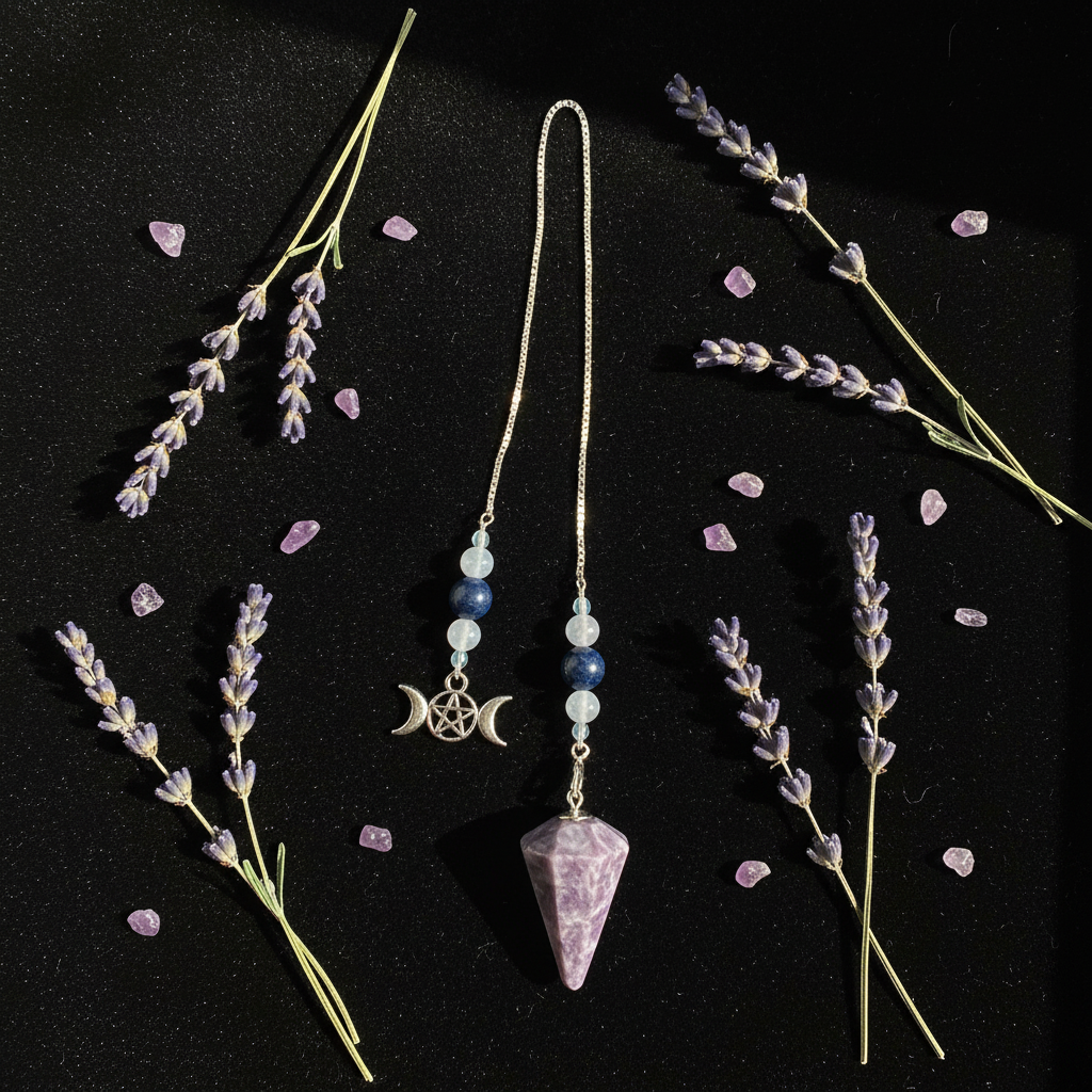 Lepidolite Triple Moon 6 Sided Pendulum, alternate view
