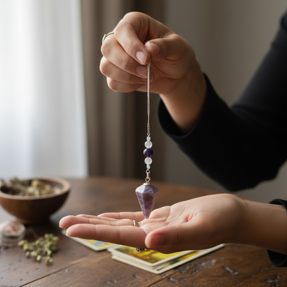 Lepidolite Triple Moon 6 Sided Pendulum, shown in use