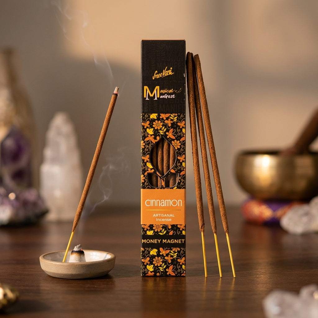 Close-up of a lit cinnamon manifest incense stick in a holder on a wooden surface with warm lighting and a cozy atmosphere.