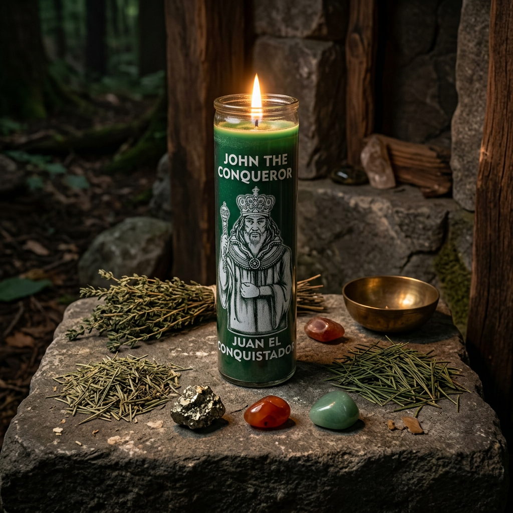 Highly detailed image of lit John the Conqueror Green Jar Candle on a stone altar within a dim ritual space, with ritual objects and earthy ambiance.