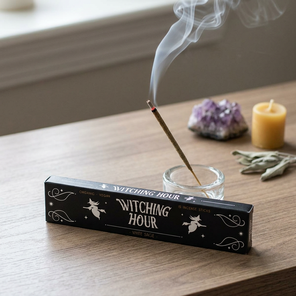 Full-length white sage incense stick lit and standing on a wooden altar, in a tranquil sacred space with soft natural lighting.