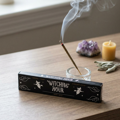 Full-length white sage incense stick lit and standing on a wooden altar, in a tranquil sacred space with soft natural lighting.