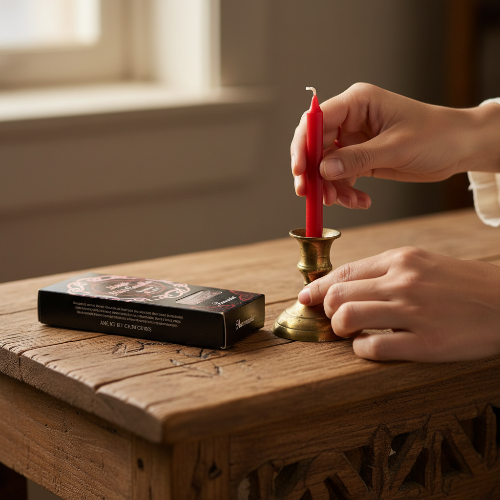 Long Red Chime Candles, Set of 20, shown in use