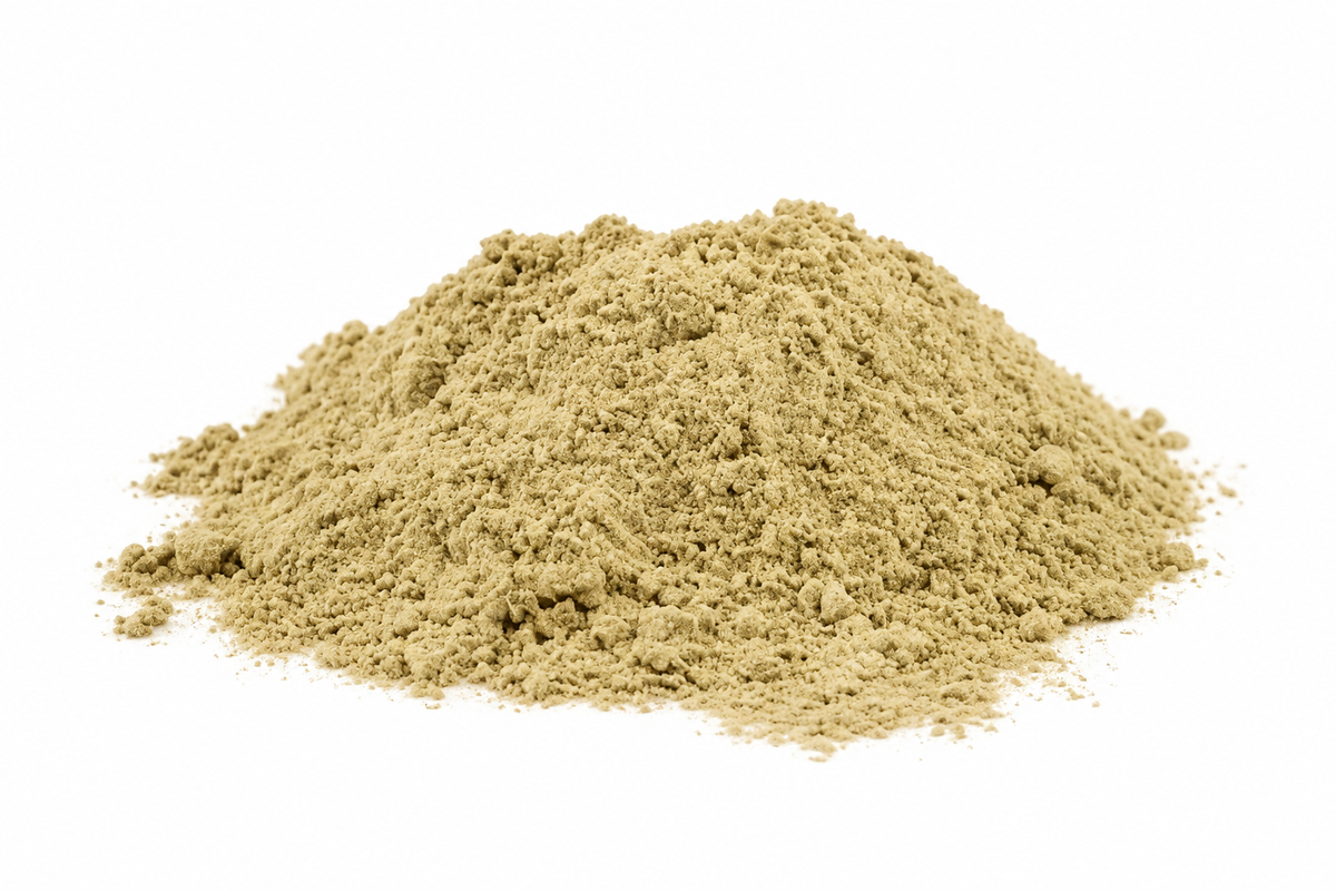 Loose beige Eleuthero powder on white