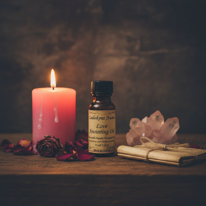 Love Lailokens Awen Oil, 15ml, styled on altar