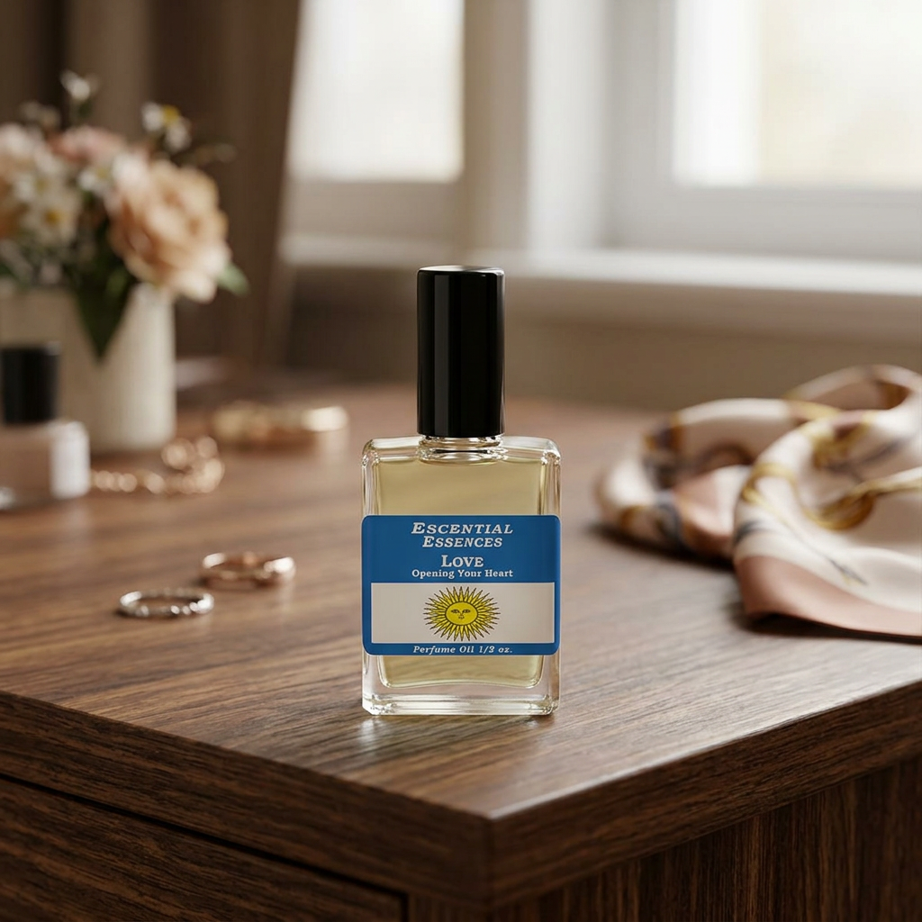 Close-up of Love Perfume Oil bottle by Escential Essences on dark wood with soft natural lighting.
