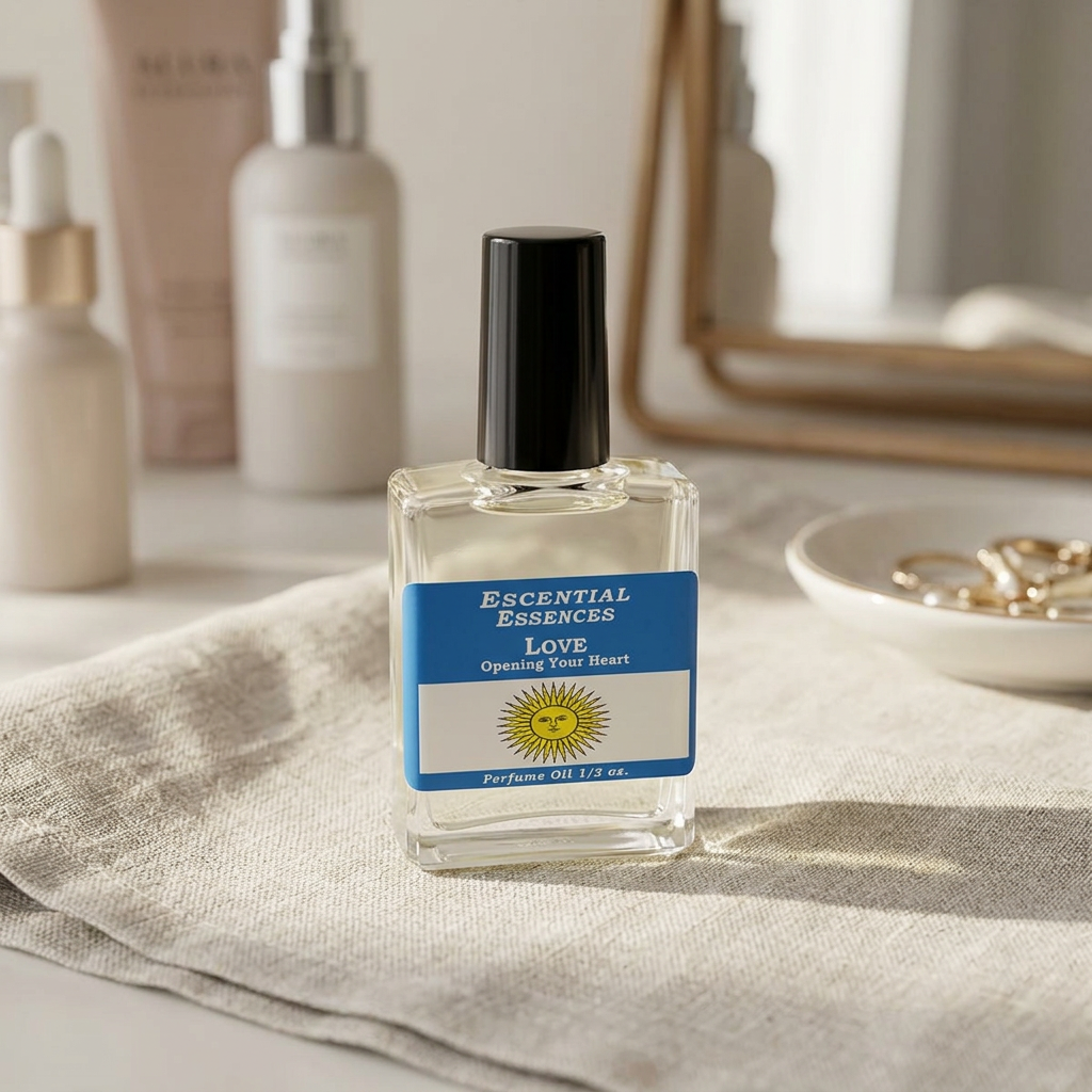 Detailed close-up of Love Perfume Oil bottle on linen cloth in a softly lit vanity space.