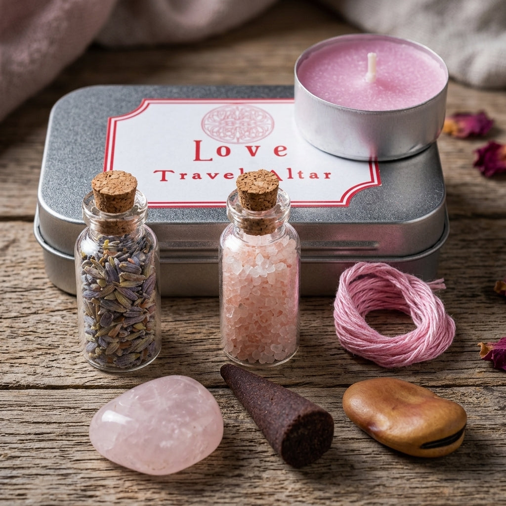 Close-up of the Love Travel Altar in a rustic setting showcasing crystals, candle, herbs, and ritual tools inside a compact tin.