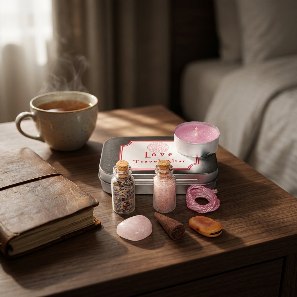 Full view of the Love Travel Altar kit on a hotel bedside table with journal and tea, illustrating portability and discretion.