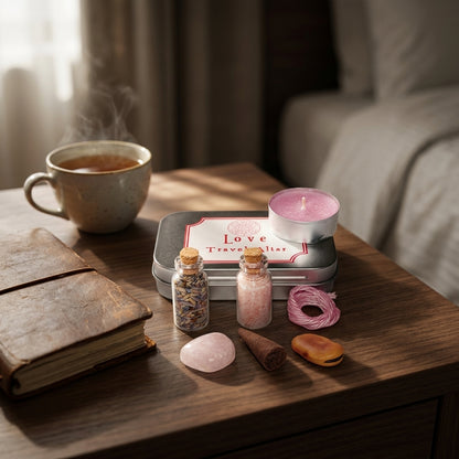 Full view of the Love Travel Altar kit on a hotel bedside table with journal and tea, illustrating portability and discretion.