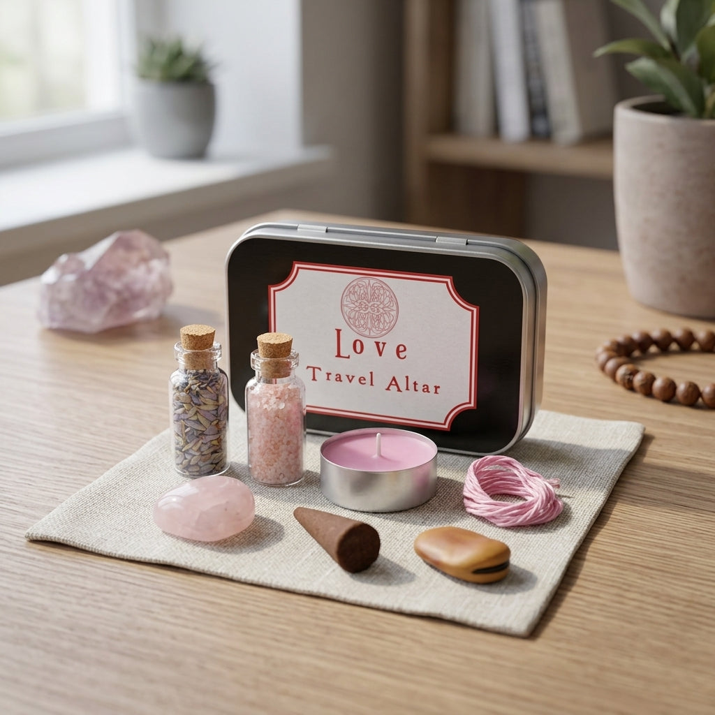 Interior shot of the Love Travel Altar kit on a small altar with soft natural light highlighting contents and compact size.