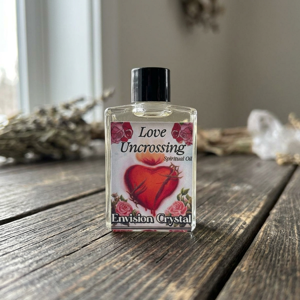 Photorealistic close-up of Love Uncrossing 4 dram bottle on rustic wooden table, highlighting glass texture and label details.