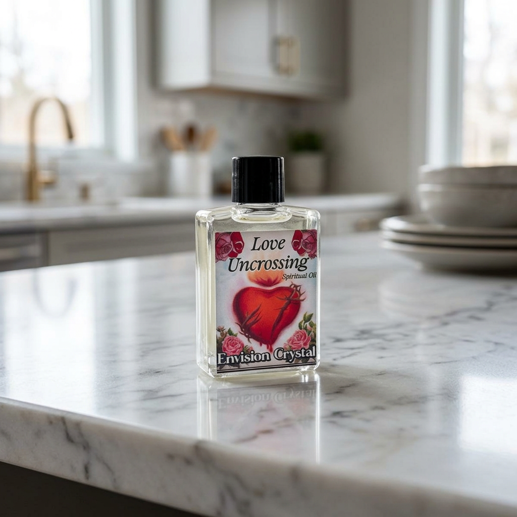 Full view of Love Uncrossing 4 dram bottle on marble surface in a well-lit modern kitchen setting, demonstrating photorealistic details.