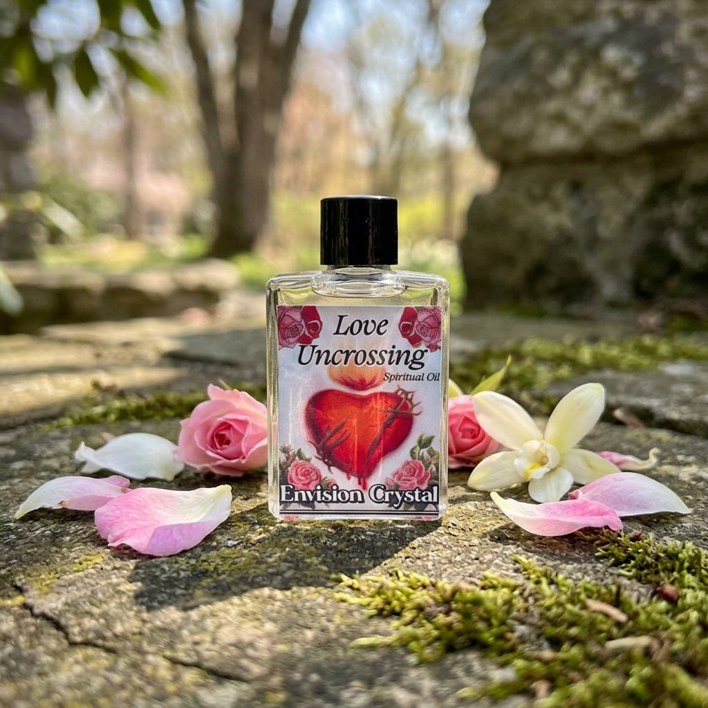 Full-body shot of Love Uncrossing 4 dram bottle outdoors on stone, surrounded by flower petals in warm daylight environment.